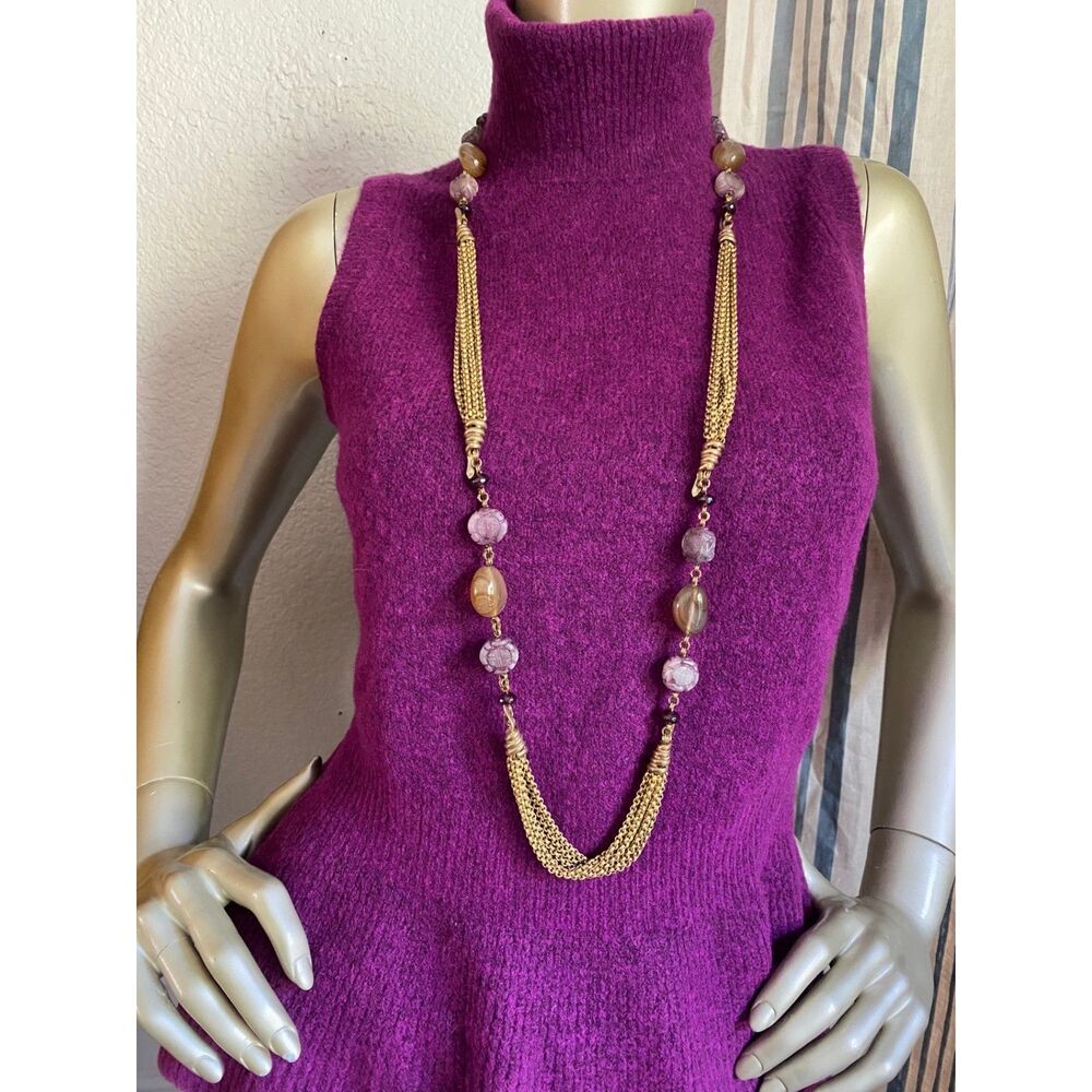 EUC Steven Dweck Pink Gold Engraved Bead Long Chain Necklace